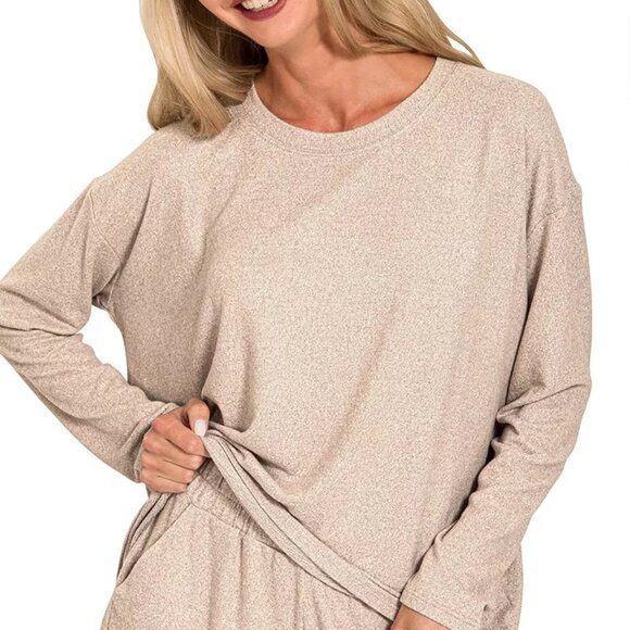 Zenana Soft Melange Long Sleeve Tee and Shorts Set - Picture 3 of 7
